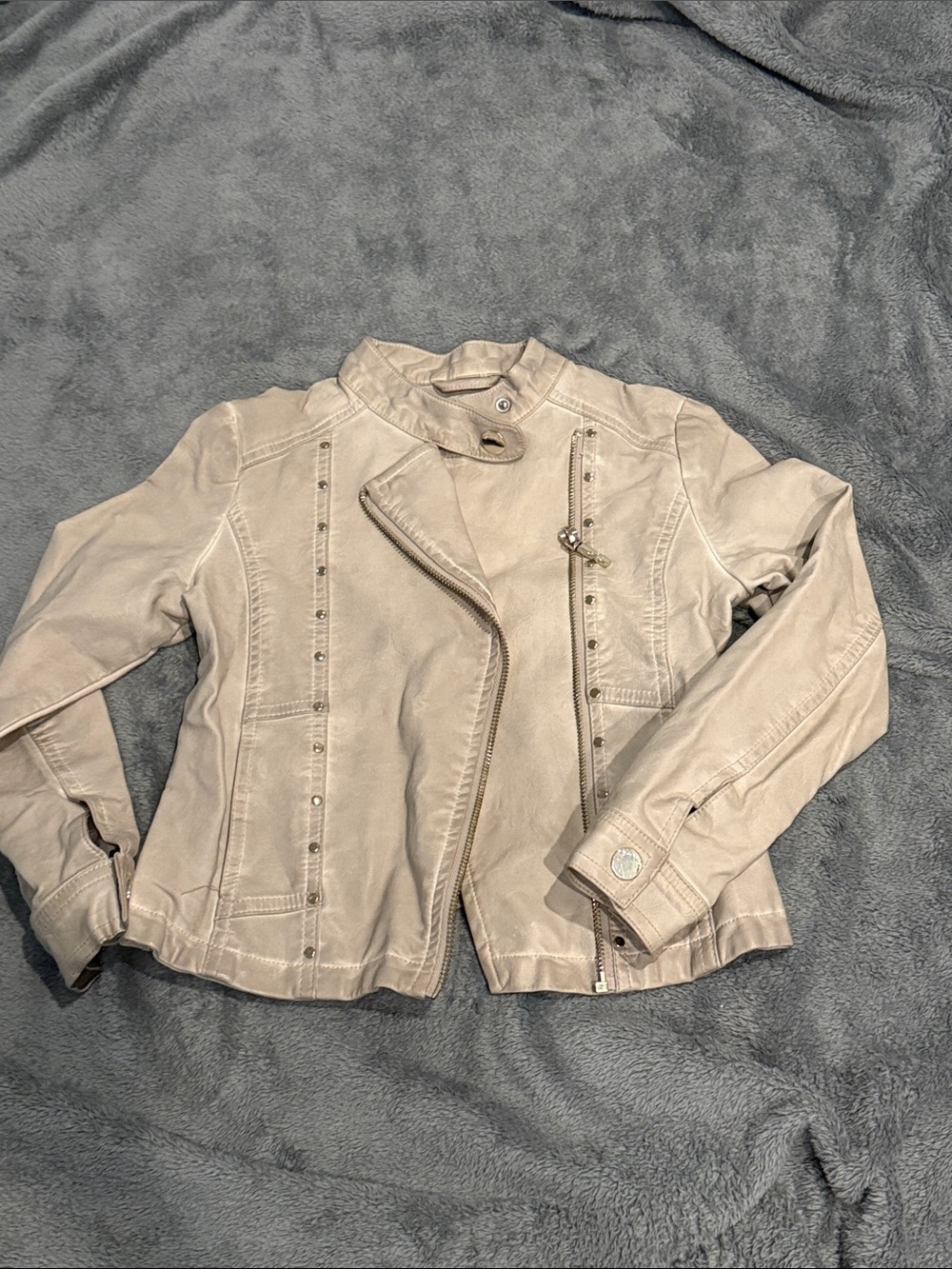 Girls 8Y - Mayoral Light Beige Faux Leather Moto Jacket